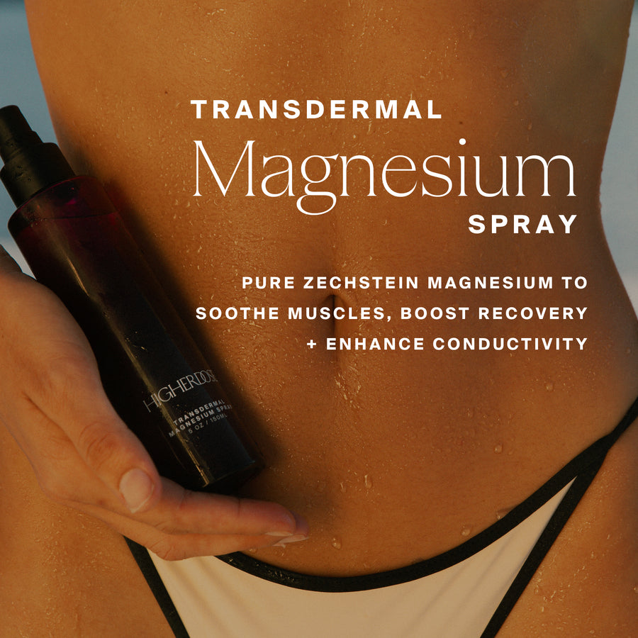 Dark glass spray bottle held against bare torso with text describing transdermal magnesium product.