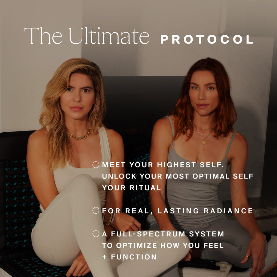Two women sitting on a dark couch against a beige wall with text overlay reading 