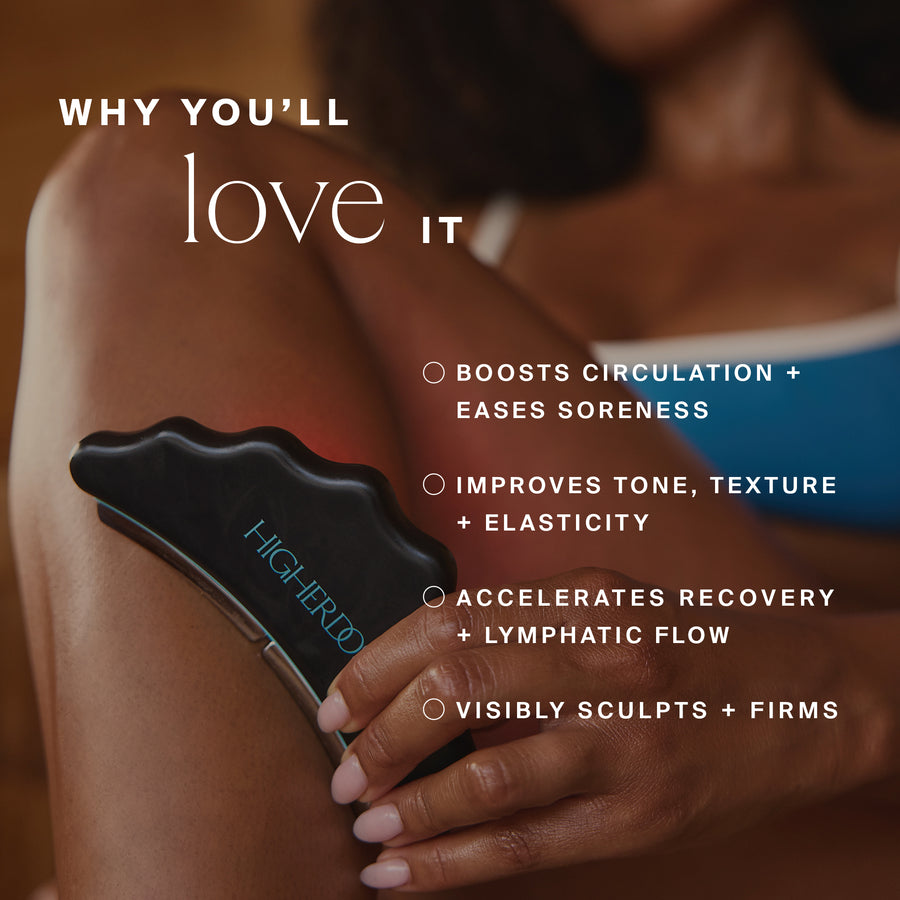 Black handheld microcurrent device with wavy edges held against a person's arm, displaying benefits text.