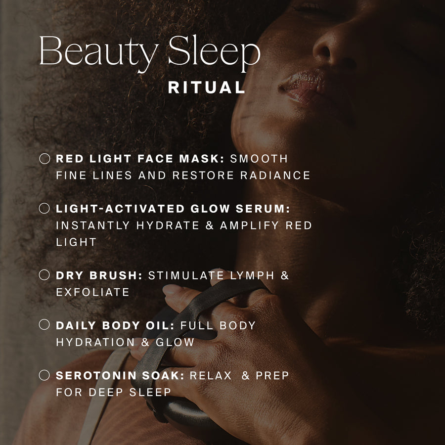 Person with glowing skin holding a black dry brush against their body, with product descriptions listed.