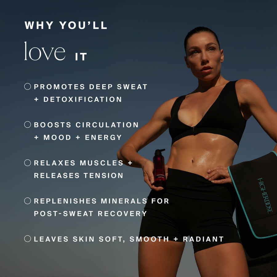 Woman in black sports bra and shorts holding red bottle against blue background with product benefits text.