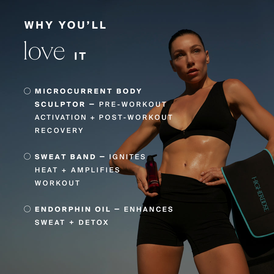 Woman in black sports bra and shorts holding red bottle and teal-trimmed black pouch against blue background.