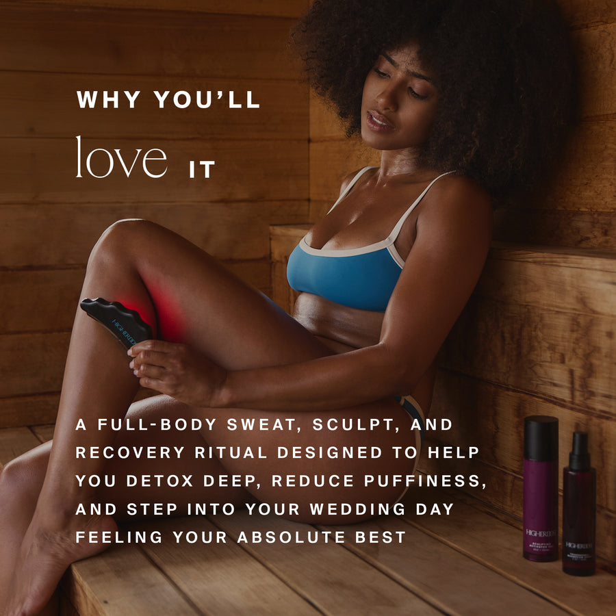 Woman in blue sports bra holding black device with red heat visualization on thigh, next to purple bottles on wooden surface.
