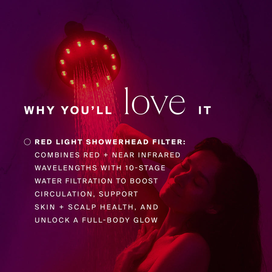 Red light showerhead with illuminated bulbs around circular face, emitting water spray against purple background.
