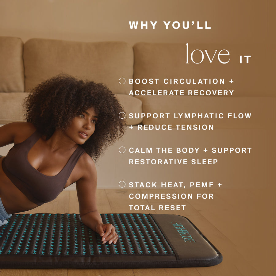 Woman in brown sports bra sitting on black mat with teal dot pattern and text overlay describing recovery benefits.