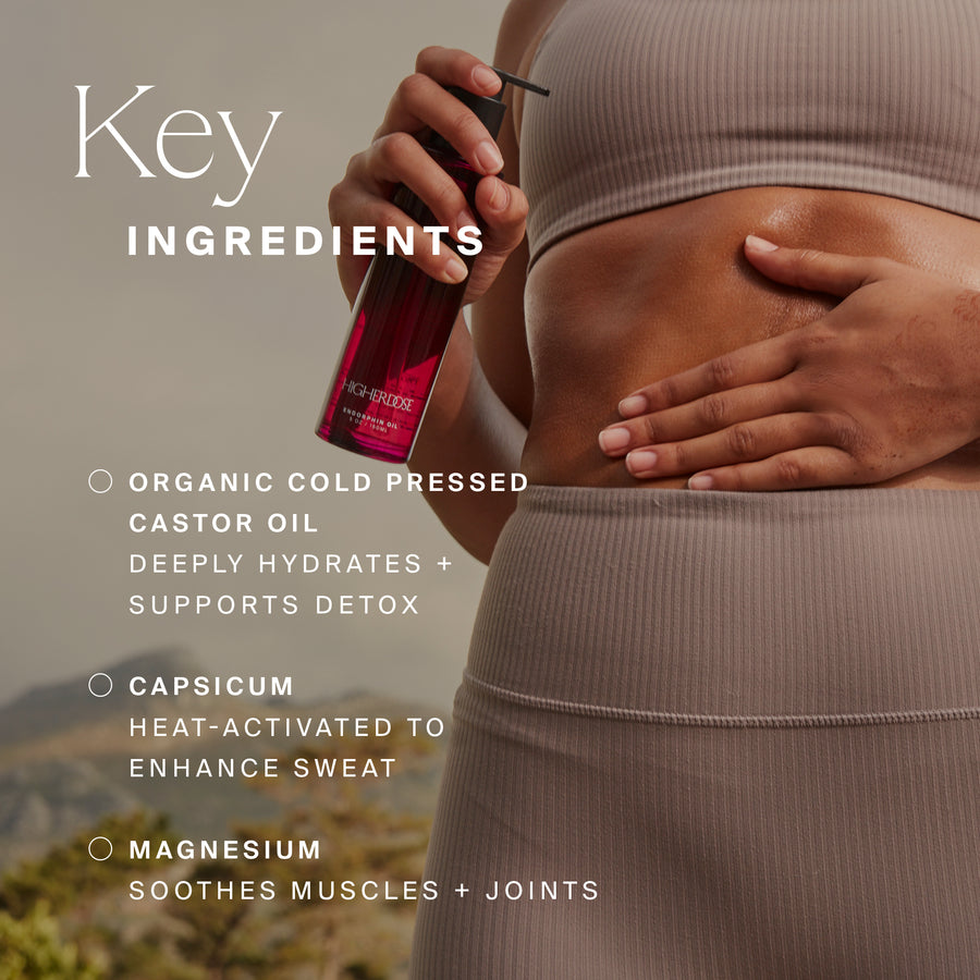 Person holding dark red spray bottle labeled with product name while applying to stomach area.