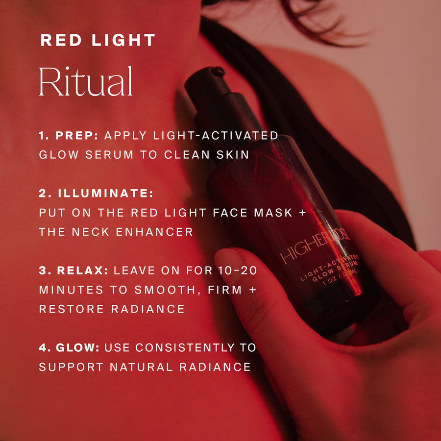Red serum bottle displayed on red circular background with usage instructions text overlay.
