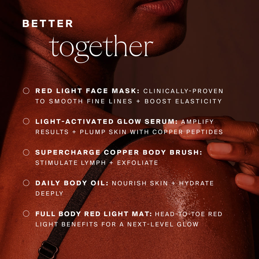 Close-up of person's shoulder and neck with warm-toned skin, displaying product information text on dark background.