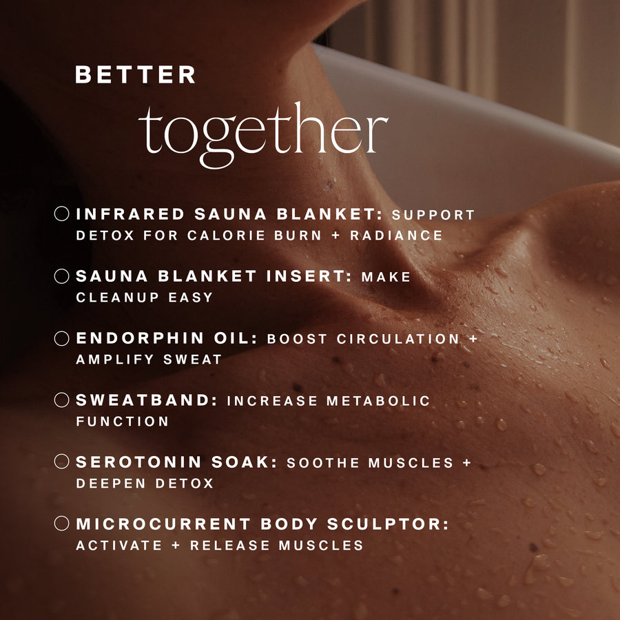 Person's shoulder and back with text listing product components including infrared sauna blanket, oil, sweatband, and body sc