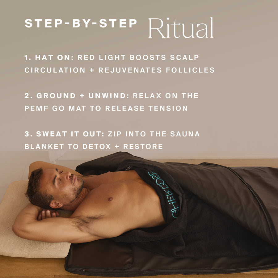Man lying on wooden surface wearing black shorts under black sauna blanket with step-by-step ritual instructions displayed ab