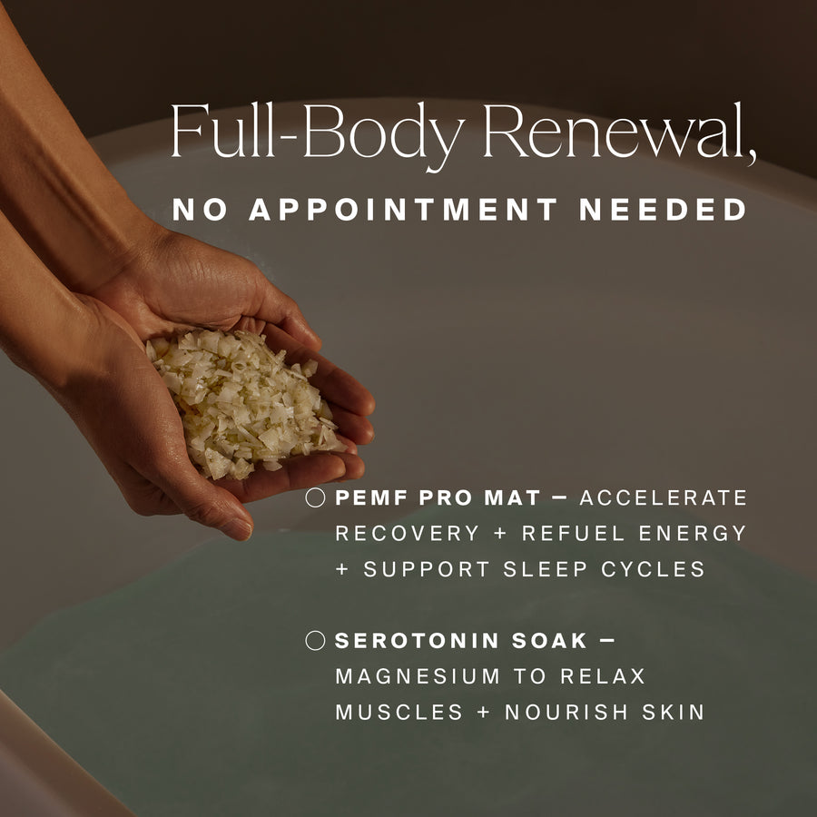 Hand holding granular bath soak product with text describing full-body renewal ritual benefits.
