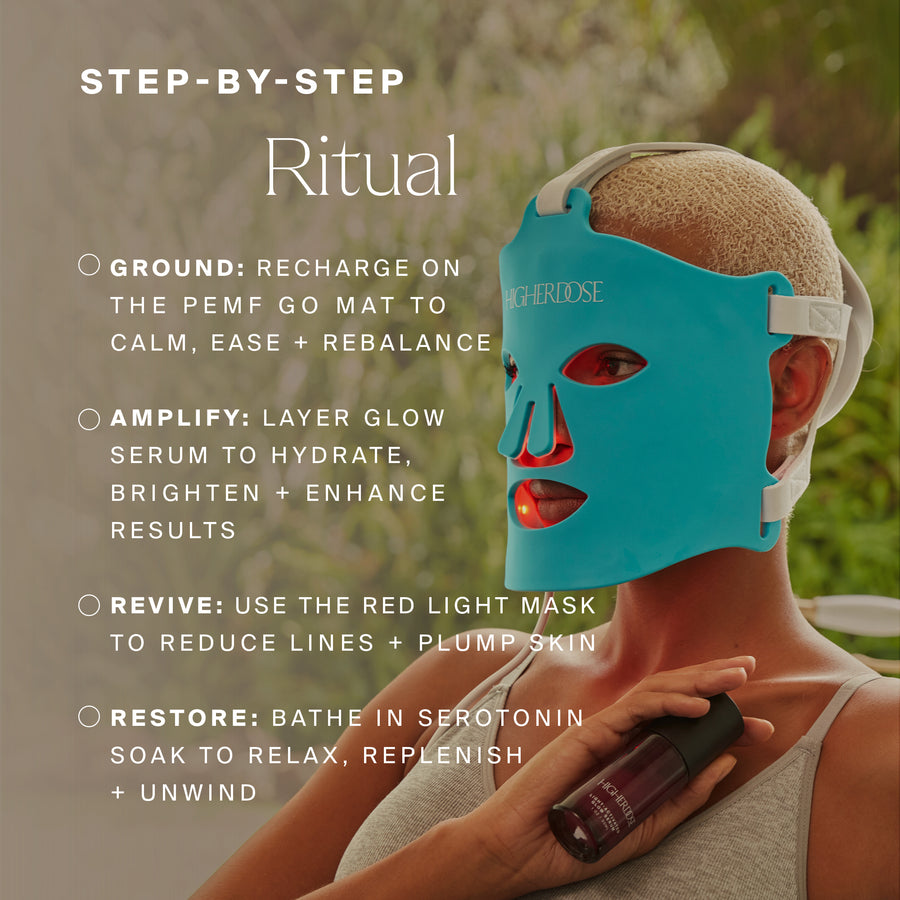 Turquoise silicone face mask with red light features, worn by person holding dark serum bottle, with instructional text overl