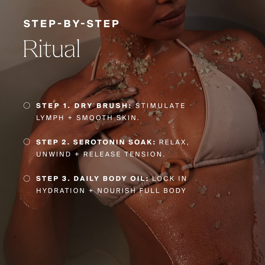 Person applying exfoliating scrub to shoulder and body with step-by-step ritual instructions displayed.