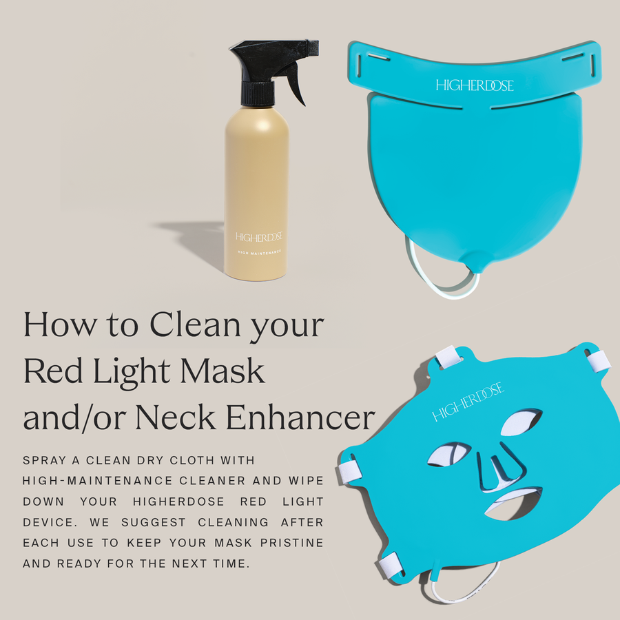 Cream-colored spray bottle with black trigger next to turquoise silicone face masks and cleaning instructions.