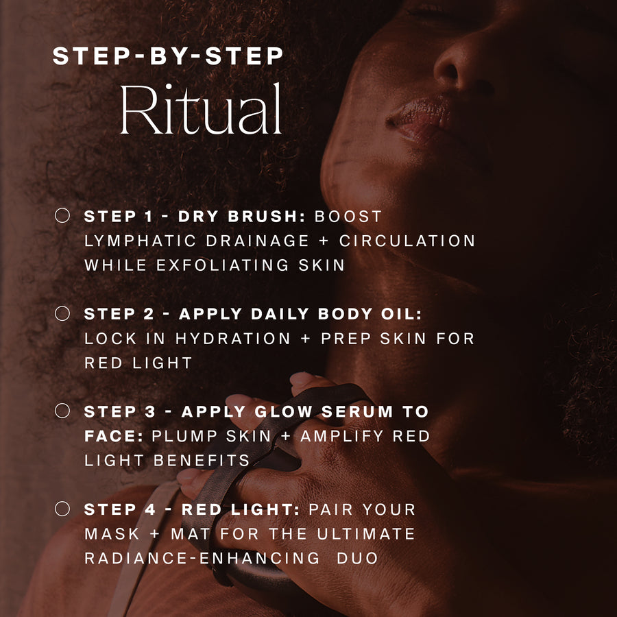Close-up of person's face and neck showing skincare ritual steps with dry brush, body oil, glow serum, and red light therapy 