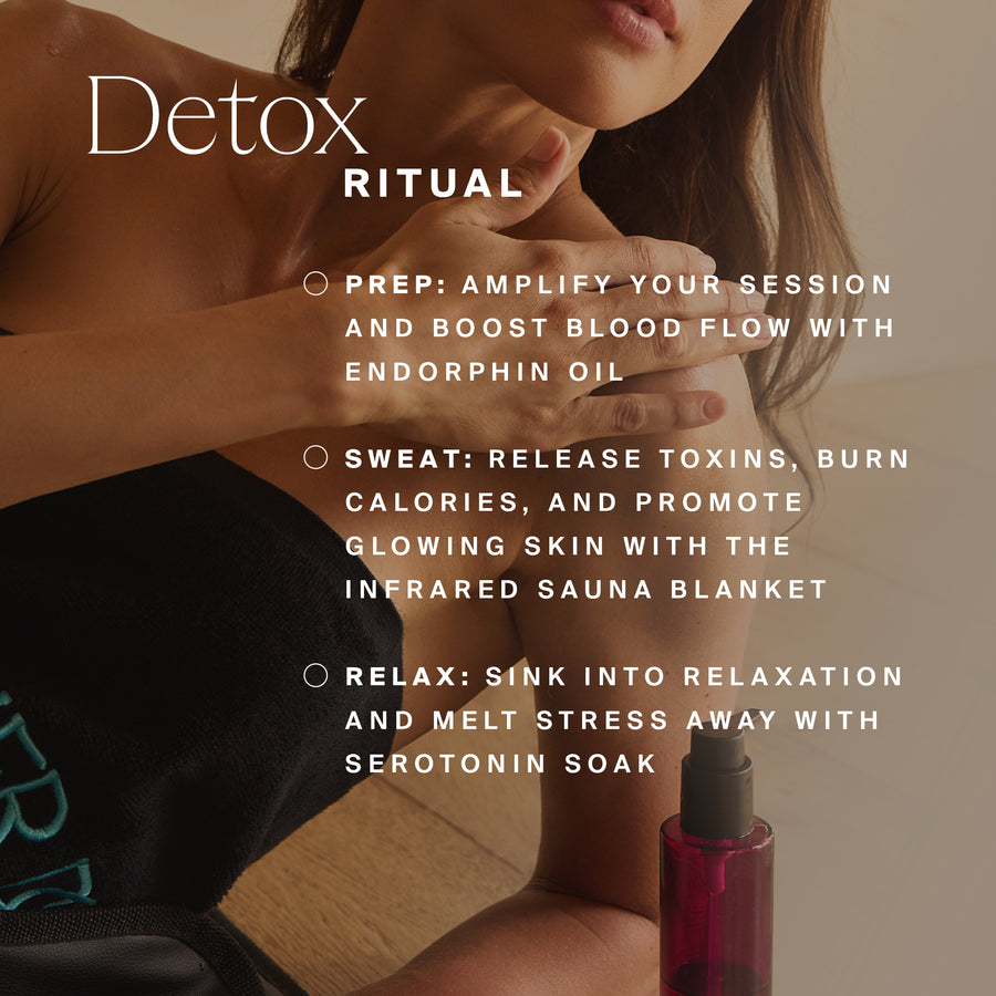Woman applying dark red liquid product to arm with text describing detox ritual steps.