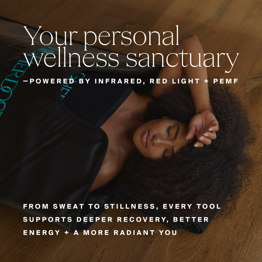 Person lying on dark towel with text overlay describing wellness tools powered by infrared, red light, and PEMF technology.