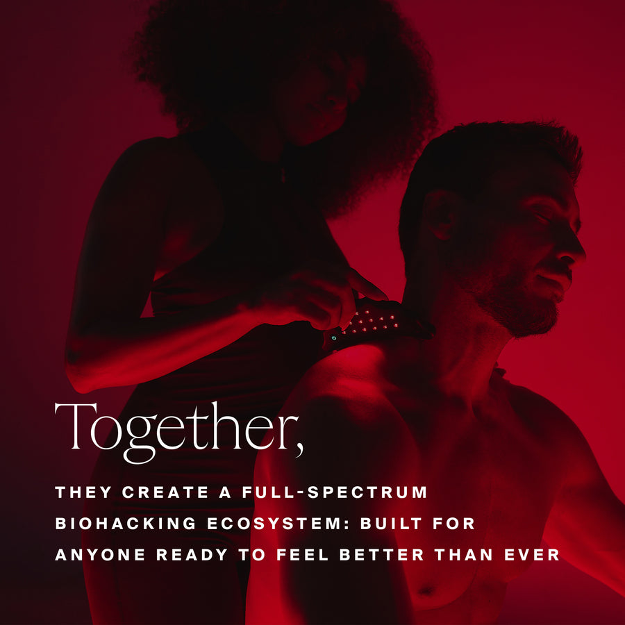 Two silhouetted figures against a red background with text about biohacking ecosystem.