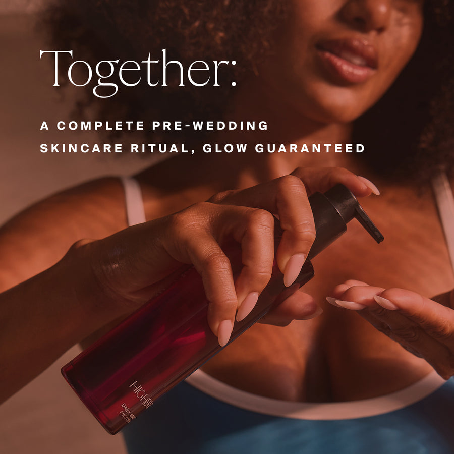 Person applying red spray product to skin with text describing pre-wedding skincare ritual.
