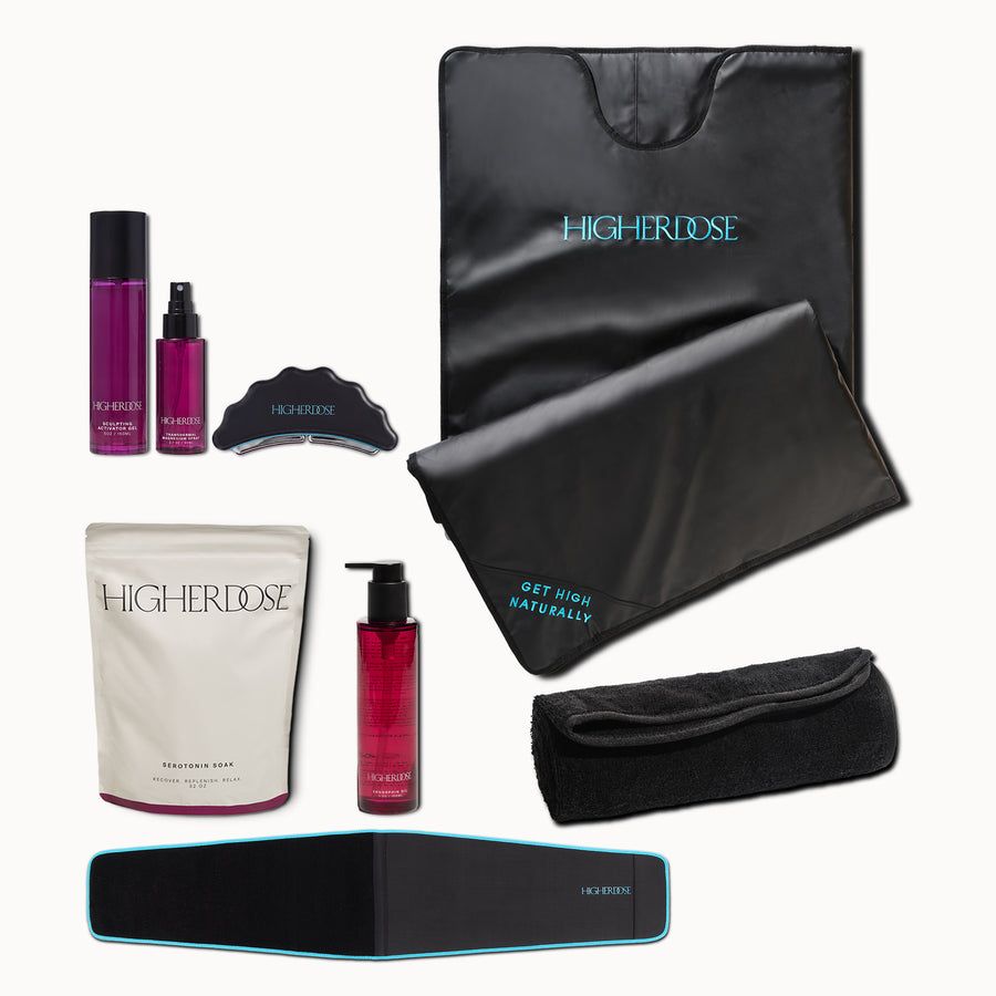 Skincare and wellness set including purple bottles, cream pouch, black fabric bags, and neoprene waist and headbands.