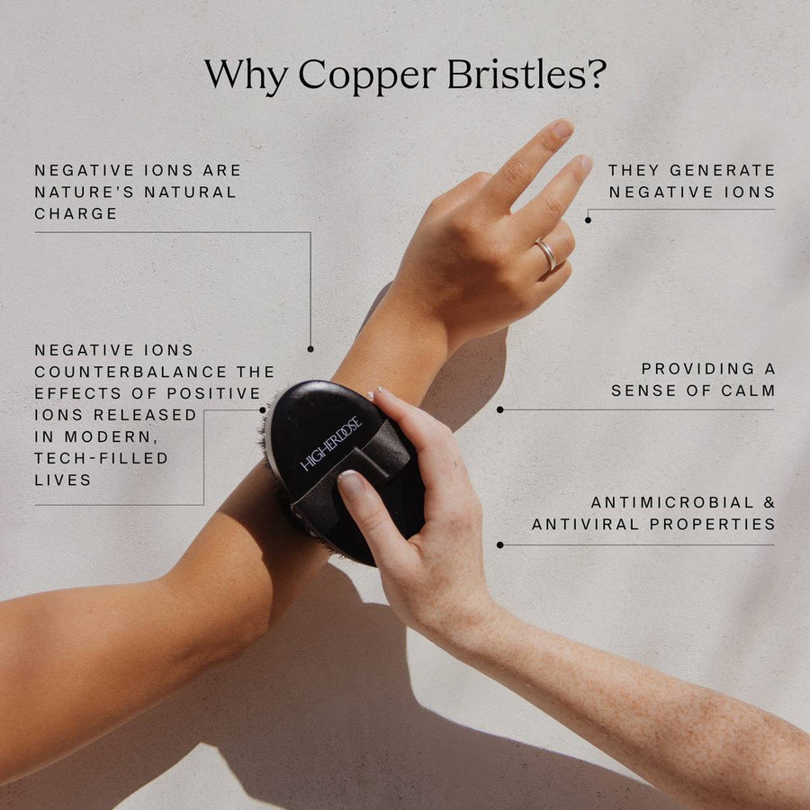 Black cylindrical copper body brush held in hands with feature callouts explaining negative ion technology and antimicrobial 