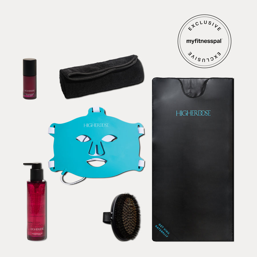 Bundle contents include turquoise LED face mask, black headband, black brush, two red bottles, black carrying bag, and black 