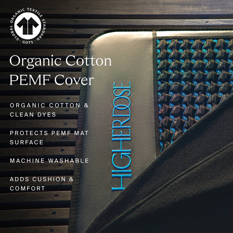 A dark organic cotton cover is partly pulled back from a PEMF mat, revealing blue-stitched patterning and HIGHERDOSE lettering.