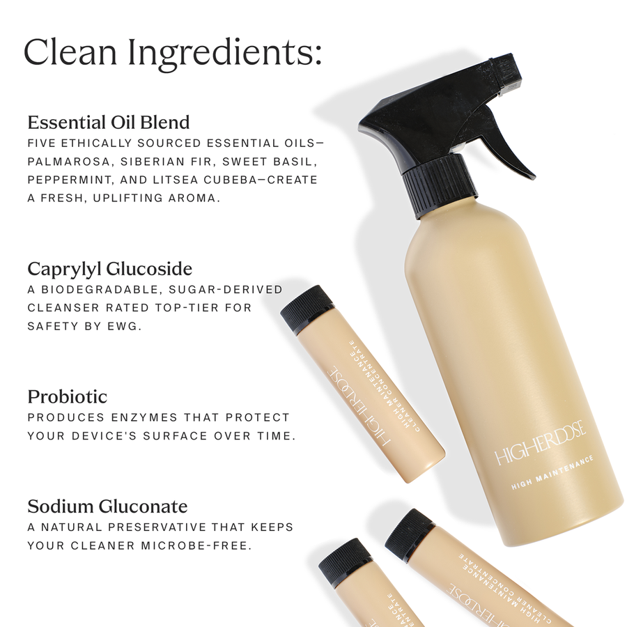 Spray bottle cleaner with cream-colored base and black trigger top, displayed with three smaller matching bottles on white ba