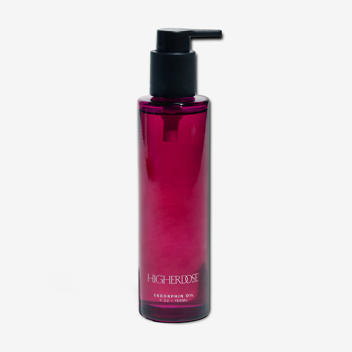 Deep magenta oil in a cylindrical bottle with black pump dispenser, labeled Higherose Endorphin Oil 5 oz.