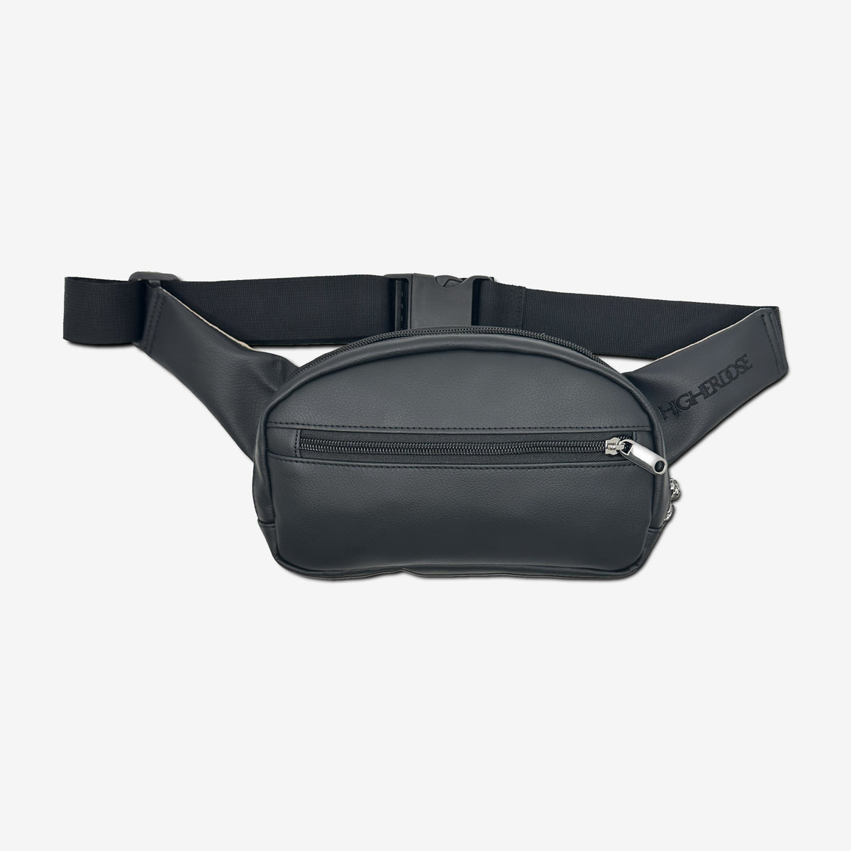 Black fanny pack with adjustable nylon belt straps and front zipper pocket.