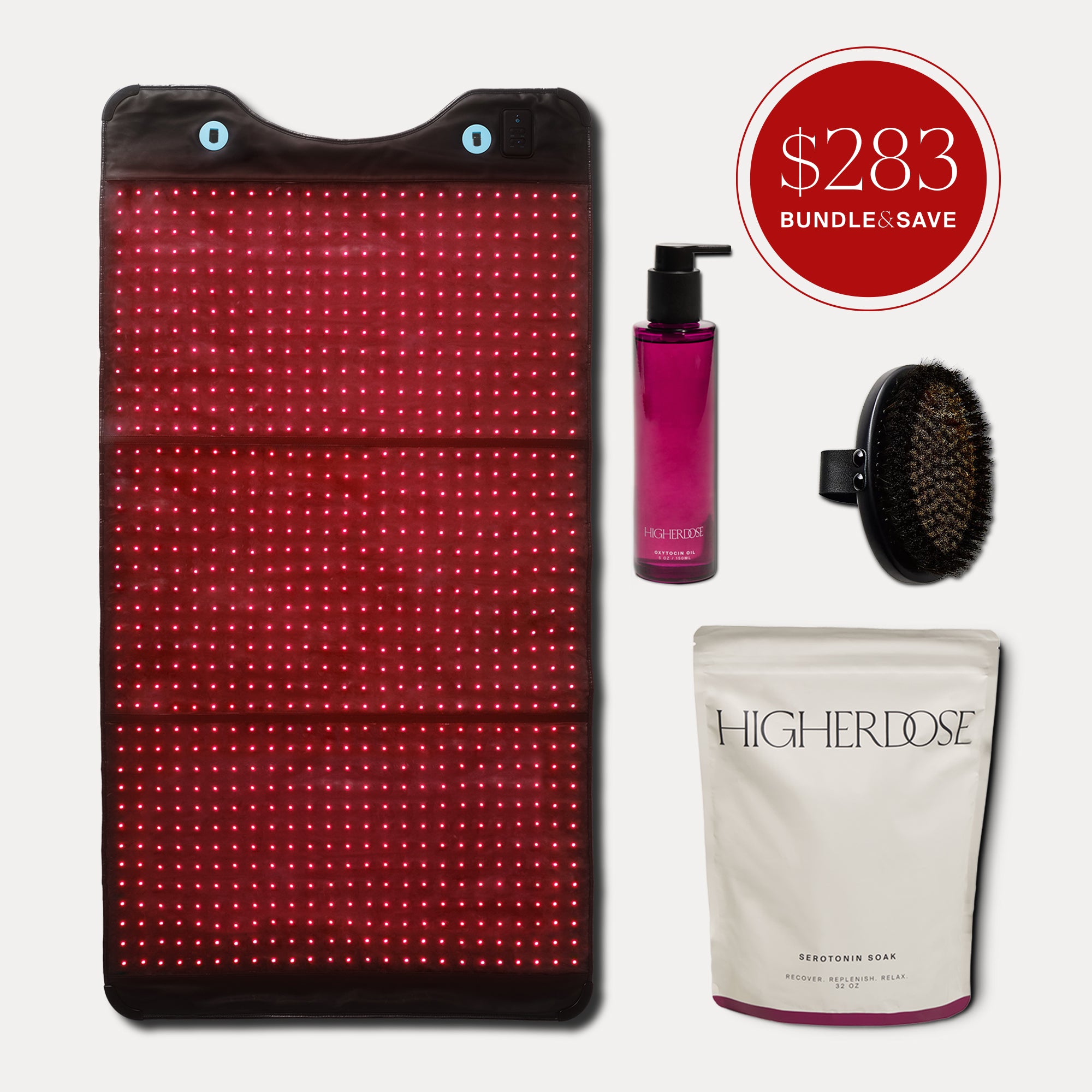 Red LED panel, bottle, brush, and pouch with 'HigherDose' branding on a white background.