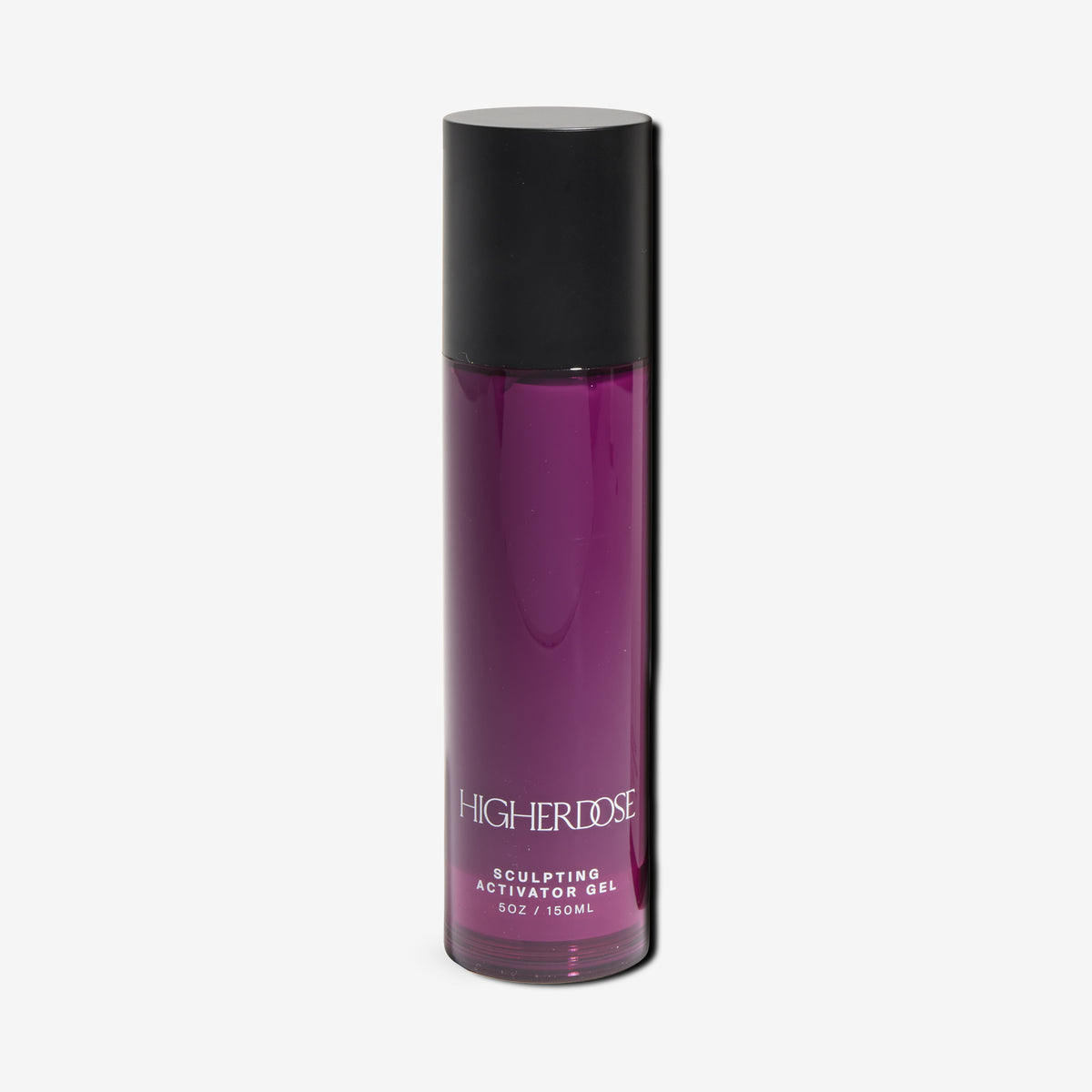 Tall cylindrical bottle with black cap filled with purple gel labeled 