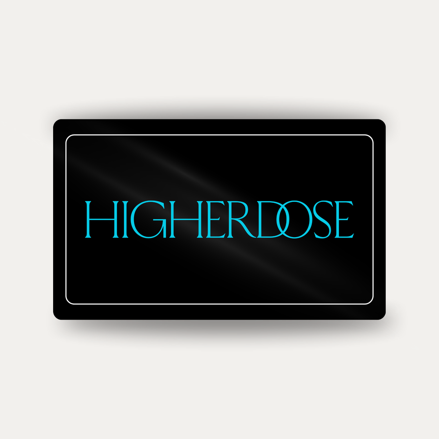 Black gift card with cyan HigherDOSE logo text on center front.