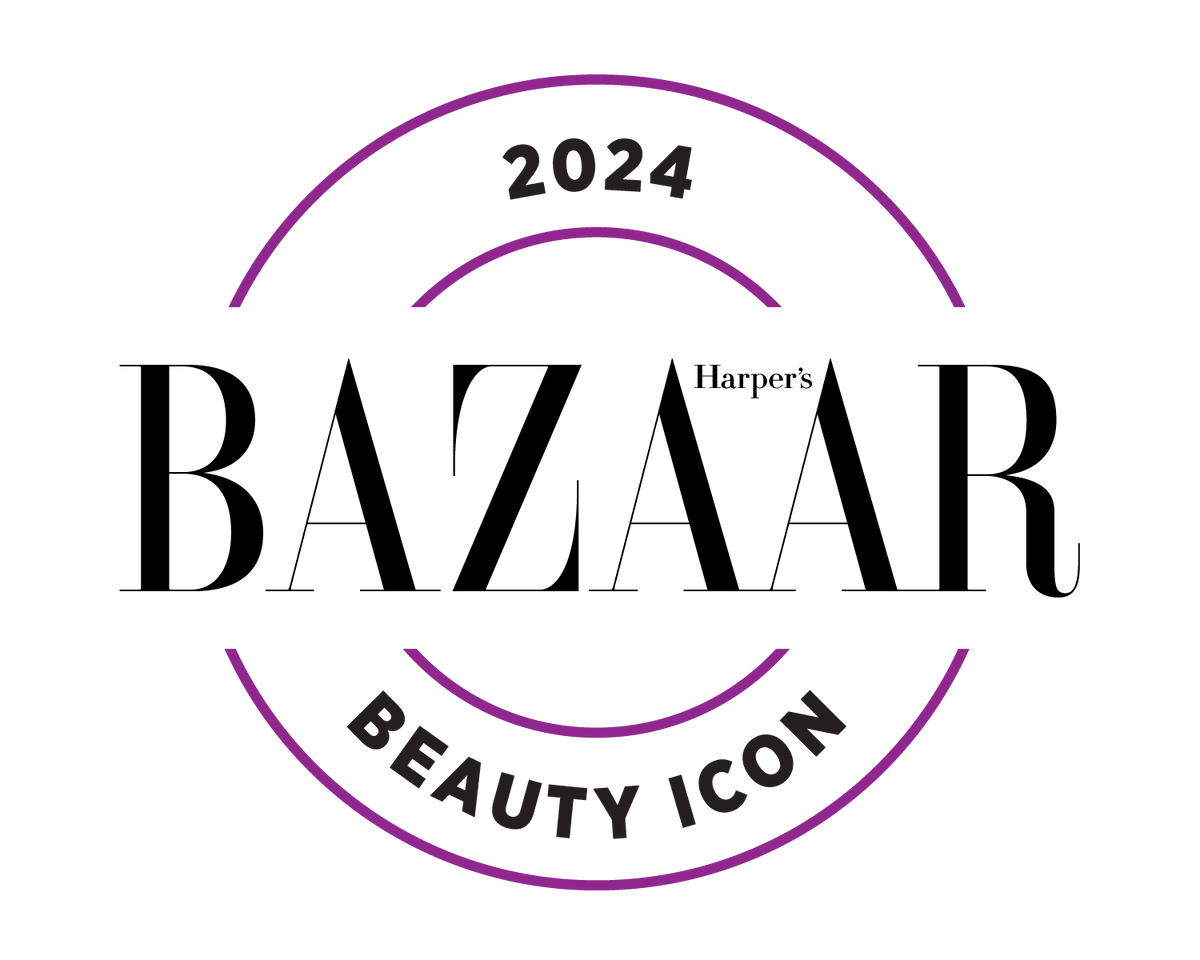 Harper’s Bazaar 2024 Beauty Icon award badge with black and purple text