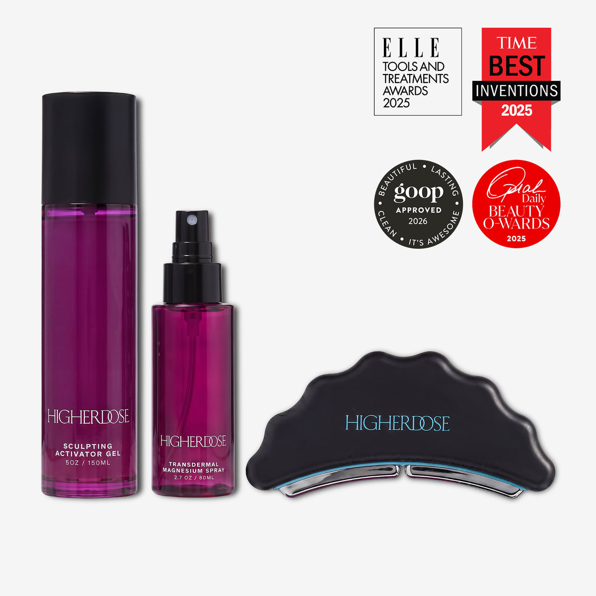 Black microcurrent body sculpting device with two purple gel bottles labeled 