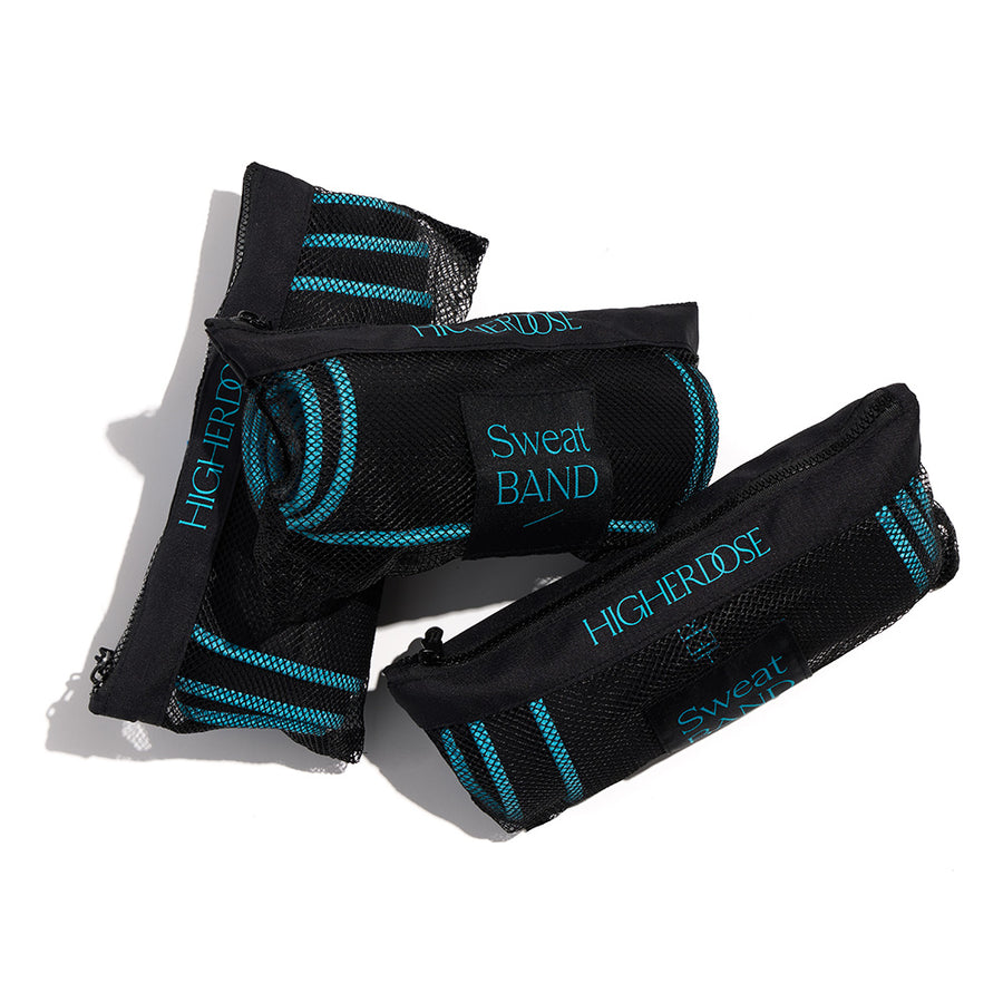 Black mesh headbands with cyan stripes and text, displayed in three folded positions.