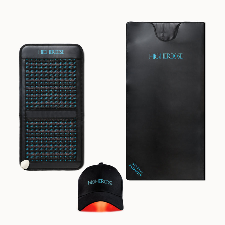 Black HigherDose bundle with mat, wrap, and baseball cap featuring blue accents.