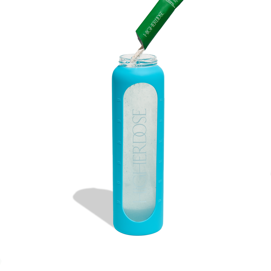 Turquoise water bottle with glass interior, clear window panel labeled 