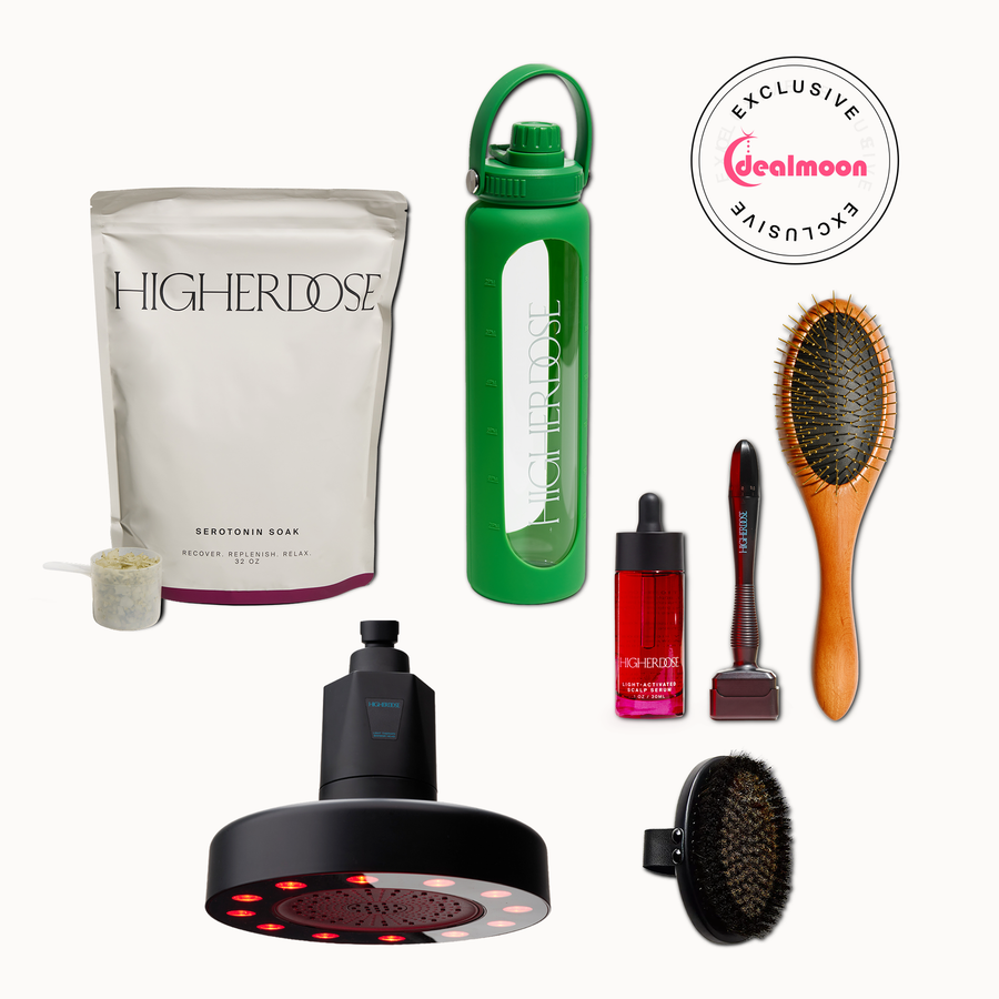 Bundle containing Higherdose soak, green water bottle, black rainfall showerhead, red serum, wooden and black hair brushes, a